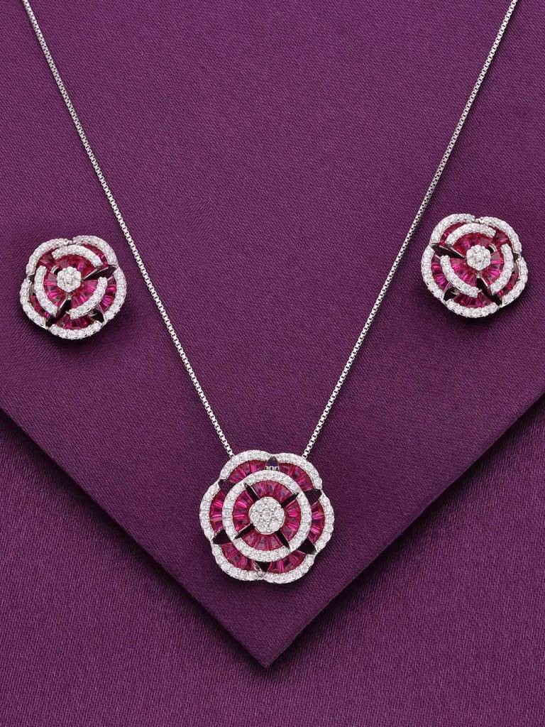 Sterling Pink Crystal Blooms Pendant With Chain & Earrings Set : PSST158-S-NA
