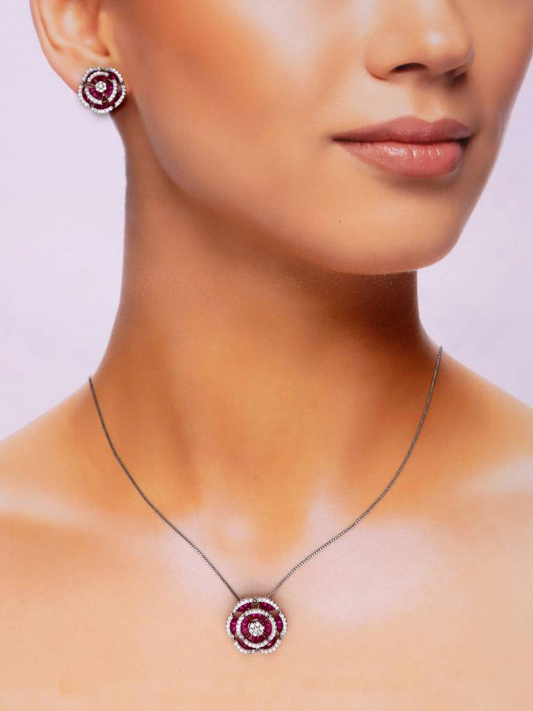 Sterling Pink Crystal Blooms Pendant With Chain & Earrings Set : PSST158-S-NA