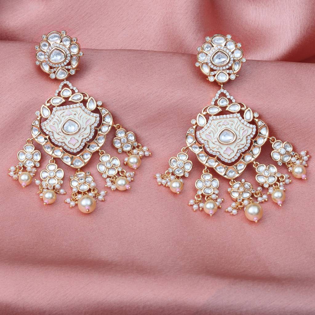 Gold Finished Ivory & Pink Meenakari Kundan Danglers : PU-ER-265-PINK