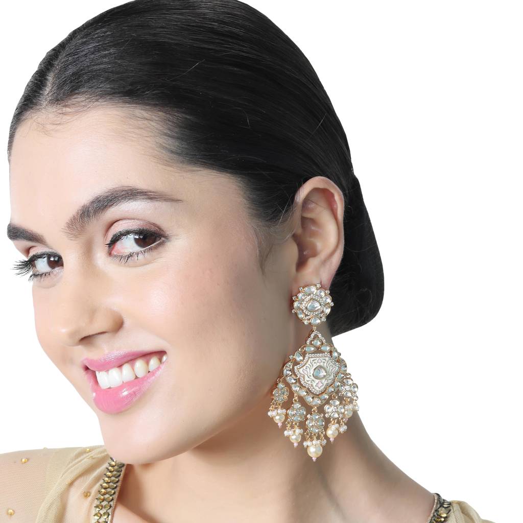 Gold Finished Ivory & Pink Meenakari Kundan Danglers : PU-ER-265-PINK