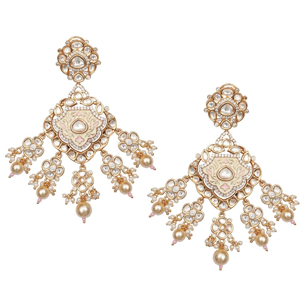 Gold Finished Ivory & Pink Meenakari Kundan Danglers : PU-ER-265-PINK
