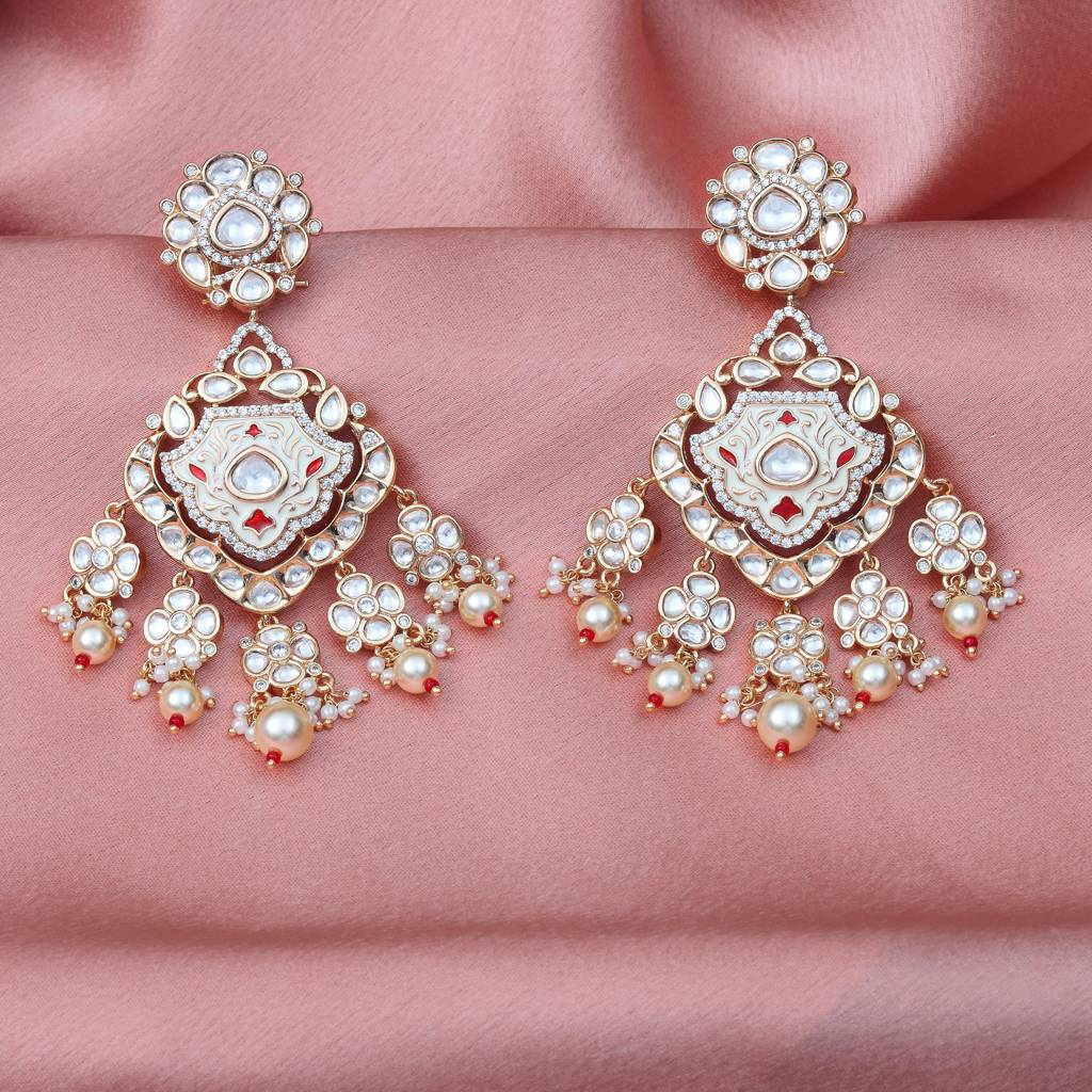 Gold Finished Ivory & Red Meenakari Kundan Danglers : PU-ER-265-RED