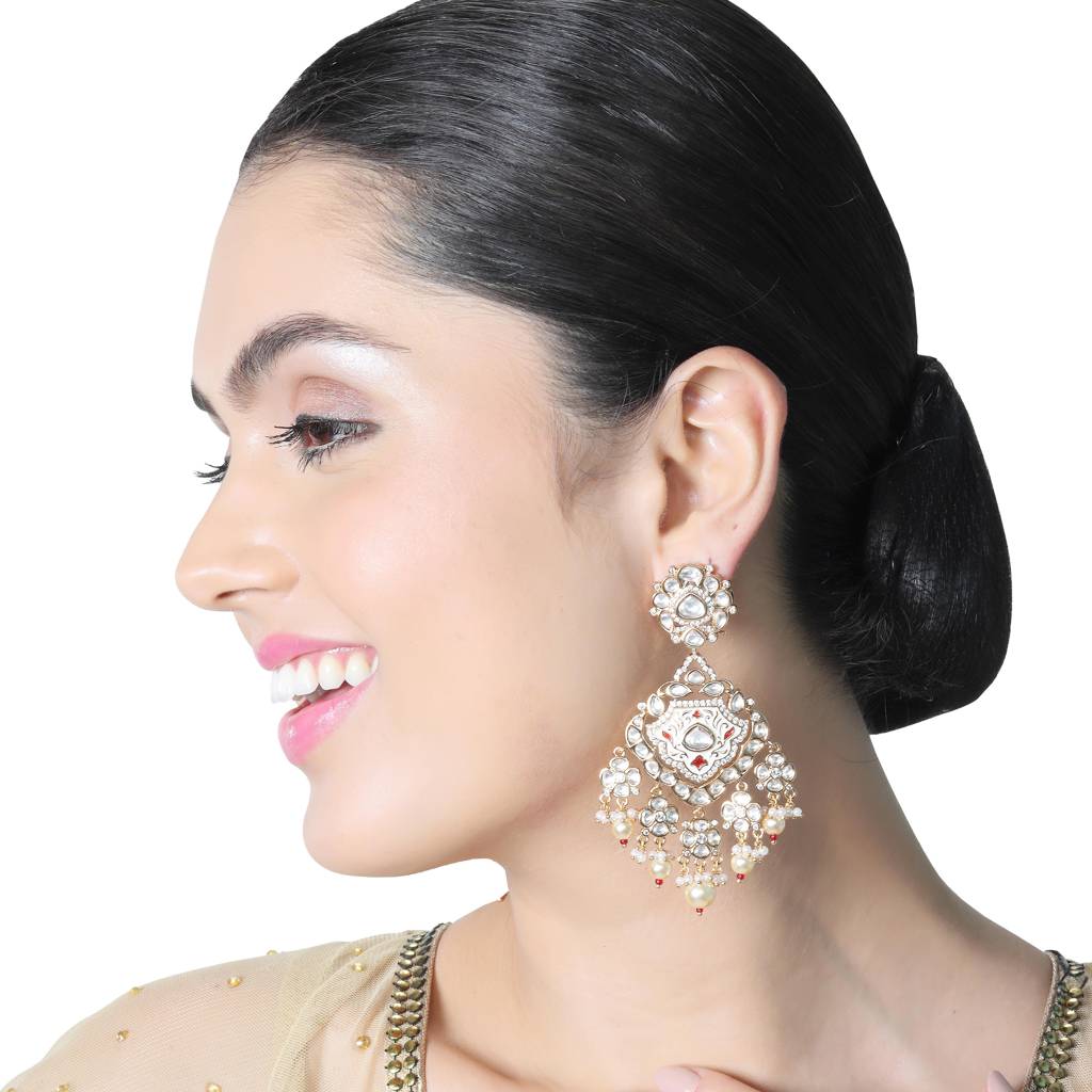 Gold Finished Ivory & Red Meenakari Kundan Danglers : PU-ER-265-RED