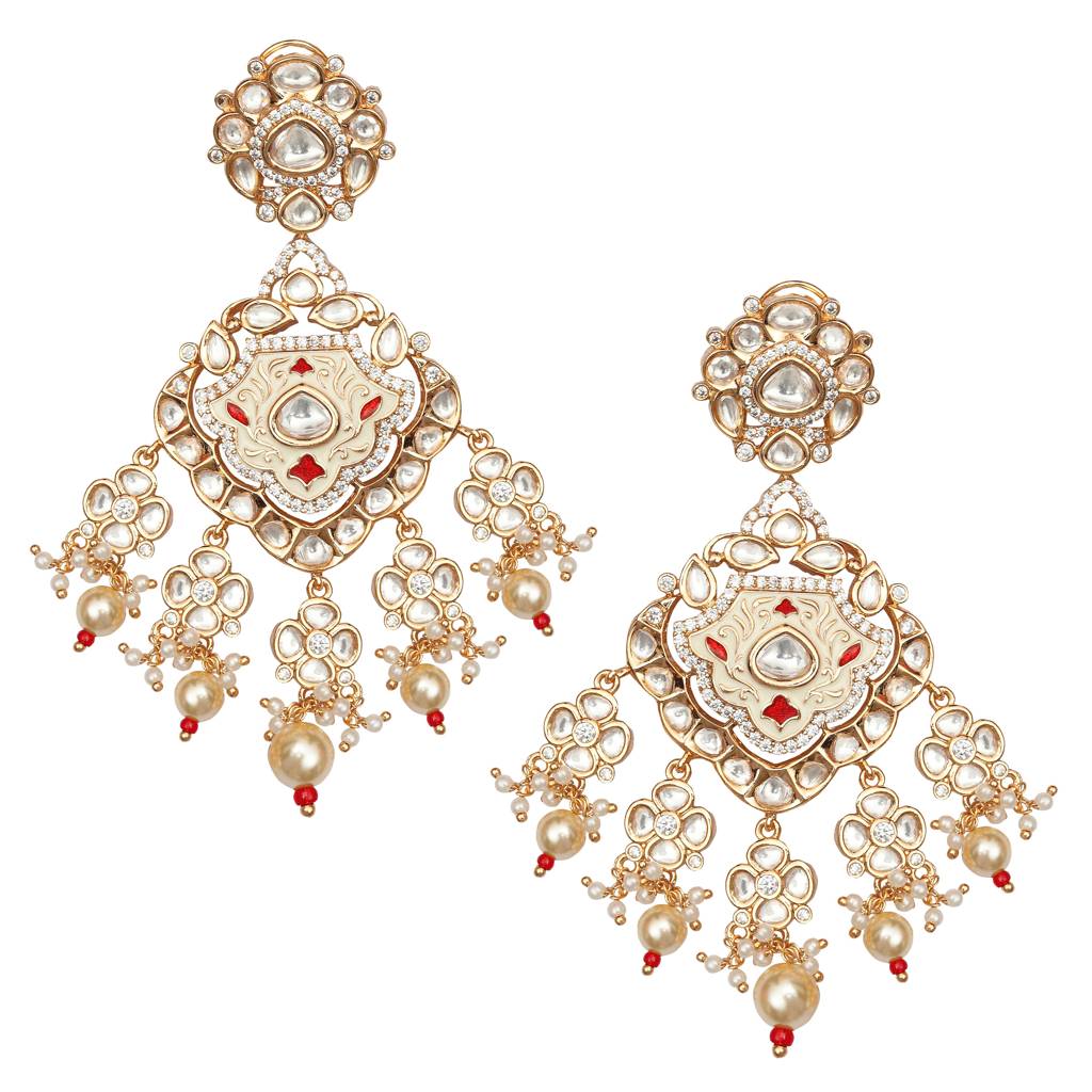 Gold Finished Ivory & Red Meenakari Kundan Danglers : PU-ER-265-RED