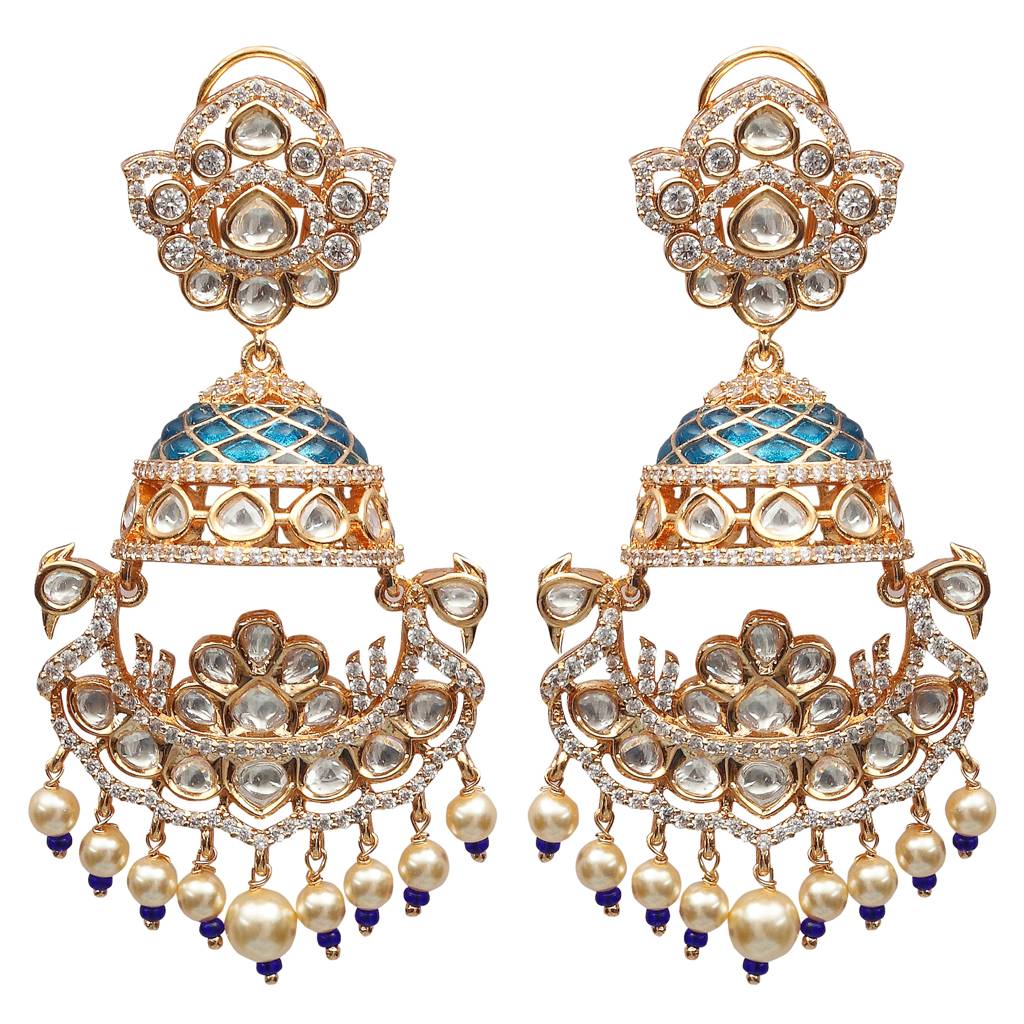 Royal Blue Meenakari Kundan Danglers With White Beads : PU-ER-273-BLUE