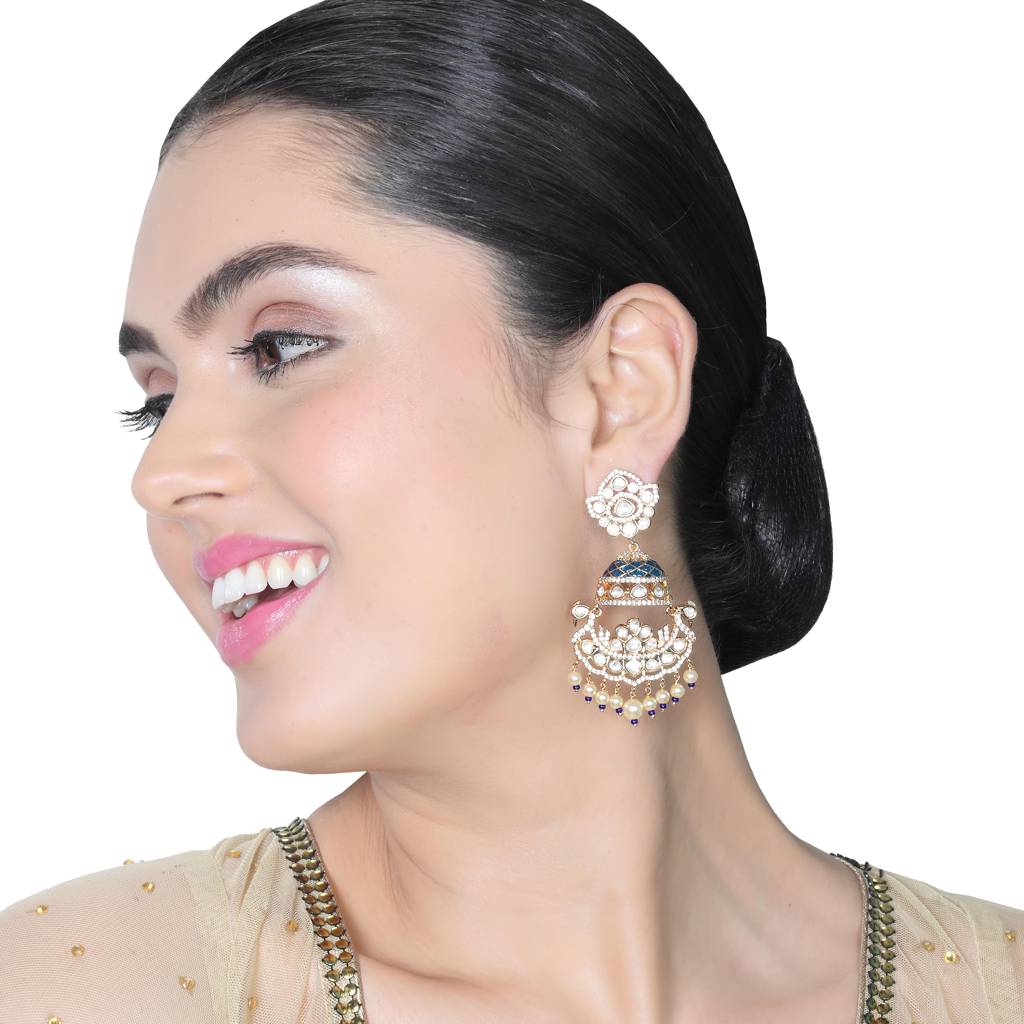 Royal Blue Meenakari Kundan Danglers With White Beads : PU-ER-273-BLUE