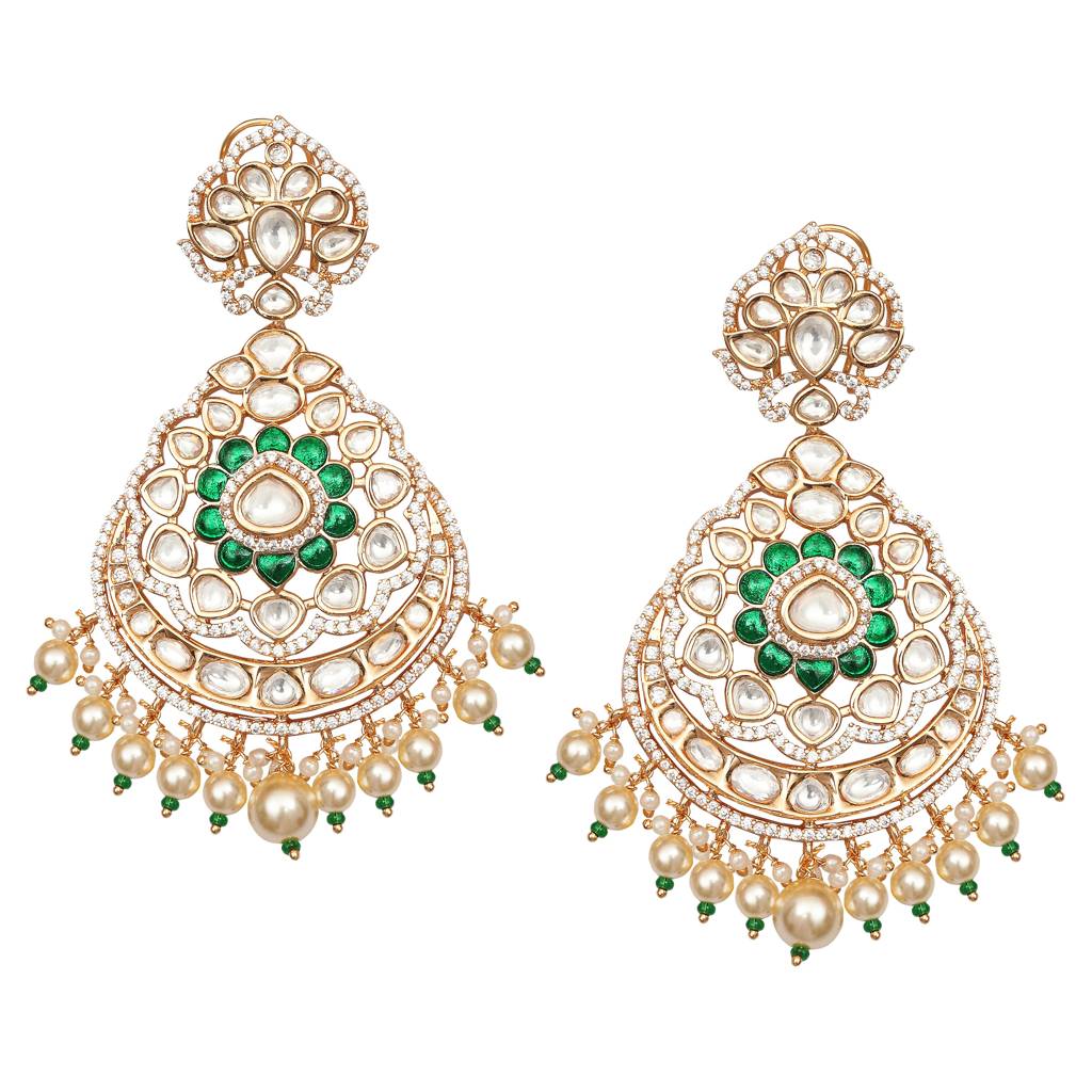 Gold Finished Kundan Polki Danglers With Green Stones And Faux Diamonds : PU-ER-277-GREEN