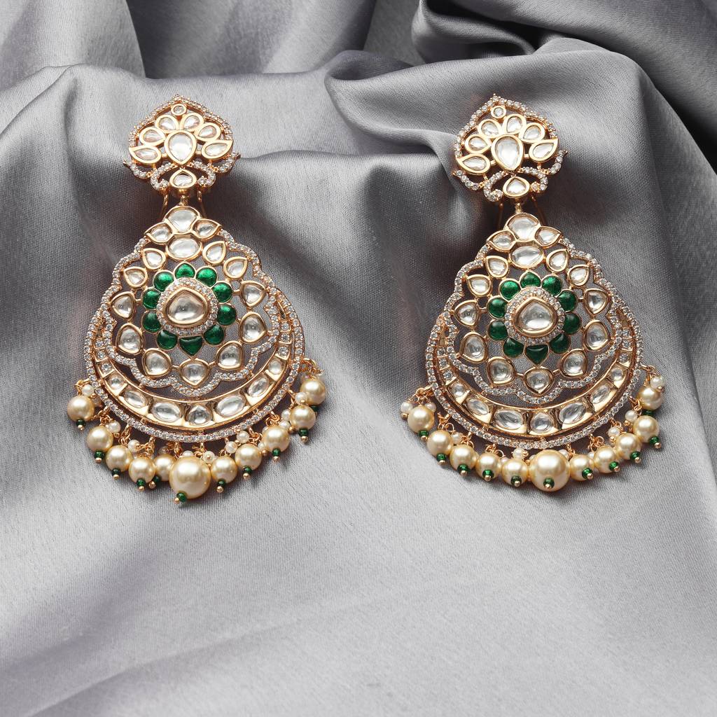 Gold Finished Kundan Polki Danglers With Green Stones And Faux Diamonds : PU-ER-277-GREEN