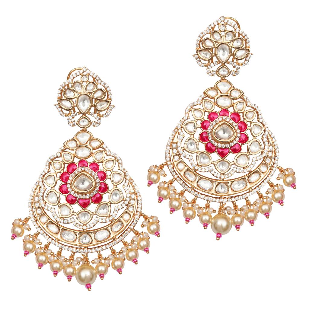 Gold Finished Kundan Polki Danglers With Red Stones And Faux Diamonds : PU-ER-277-RED