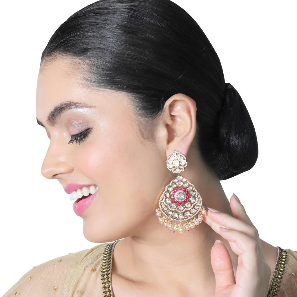 Gold Finished Kundan Polki Danglers With Red Stones And Faux Diamonds : PU-ER-277-RED