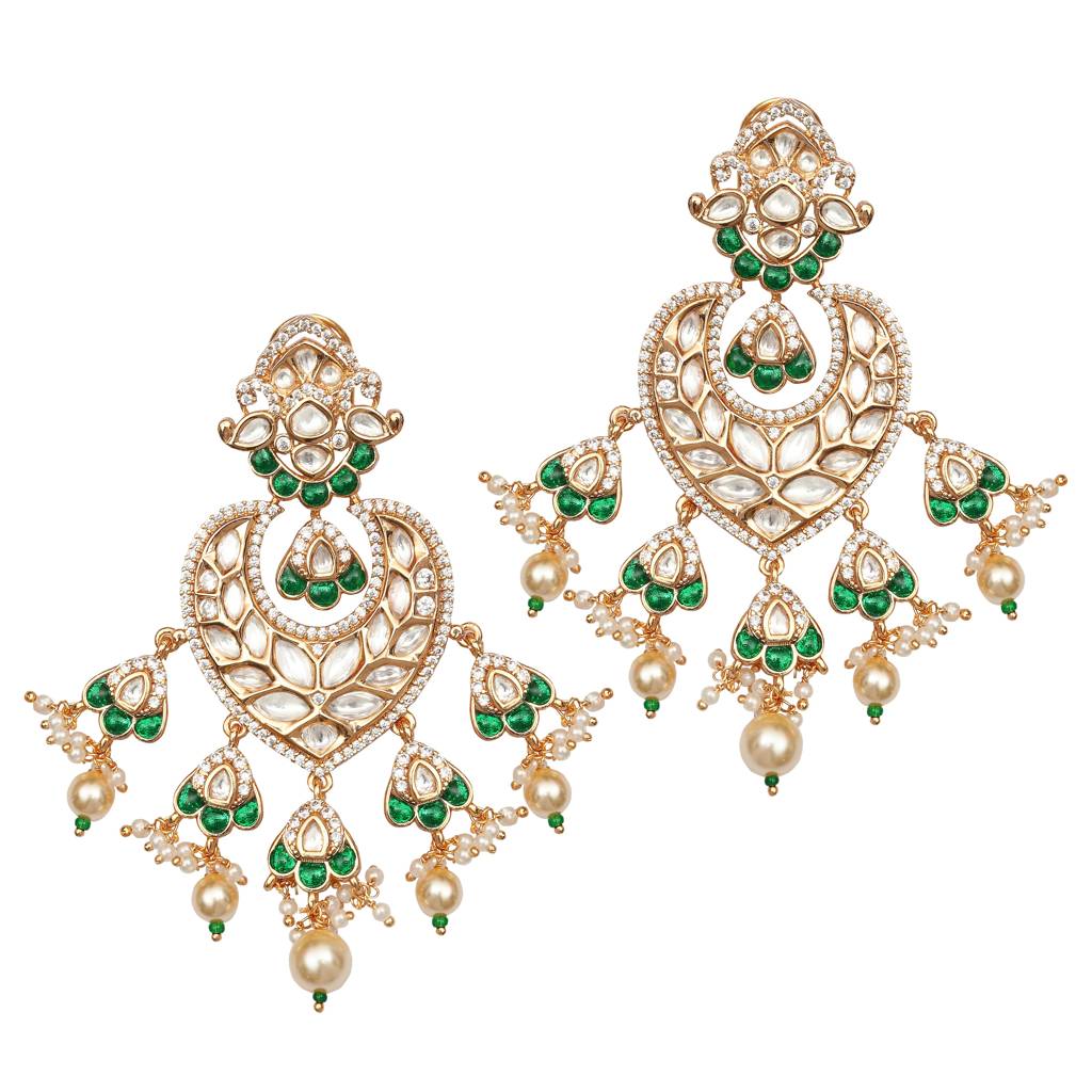 Gold Finish Heart Shaped Kundan Polki Danglers With Green Stones : PU-ER-279-GREEN