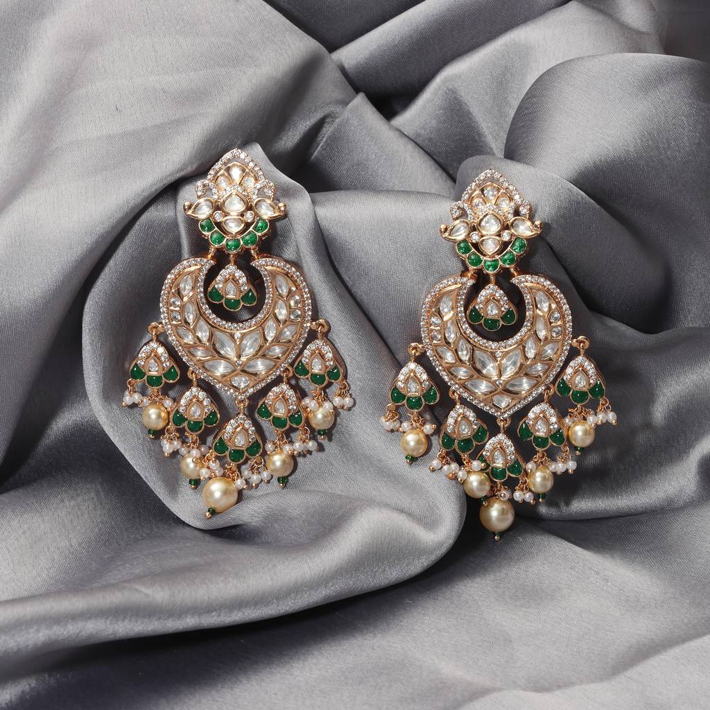 Gold Finish Heart Shaped Kundan Polki Danglers With Green Stones : PU-ER-279-GREEN