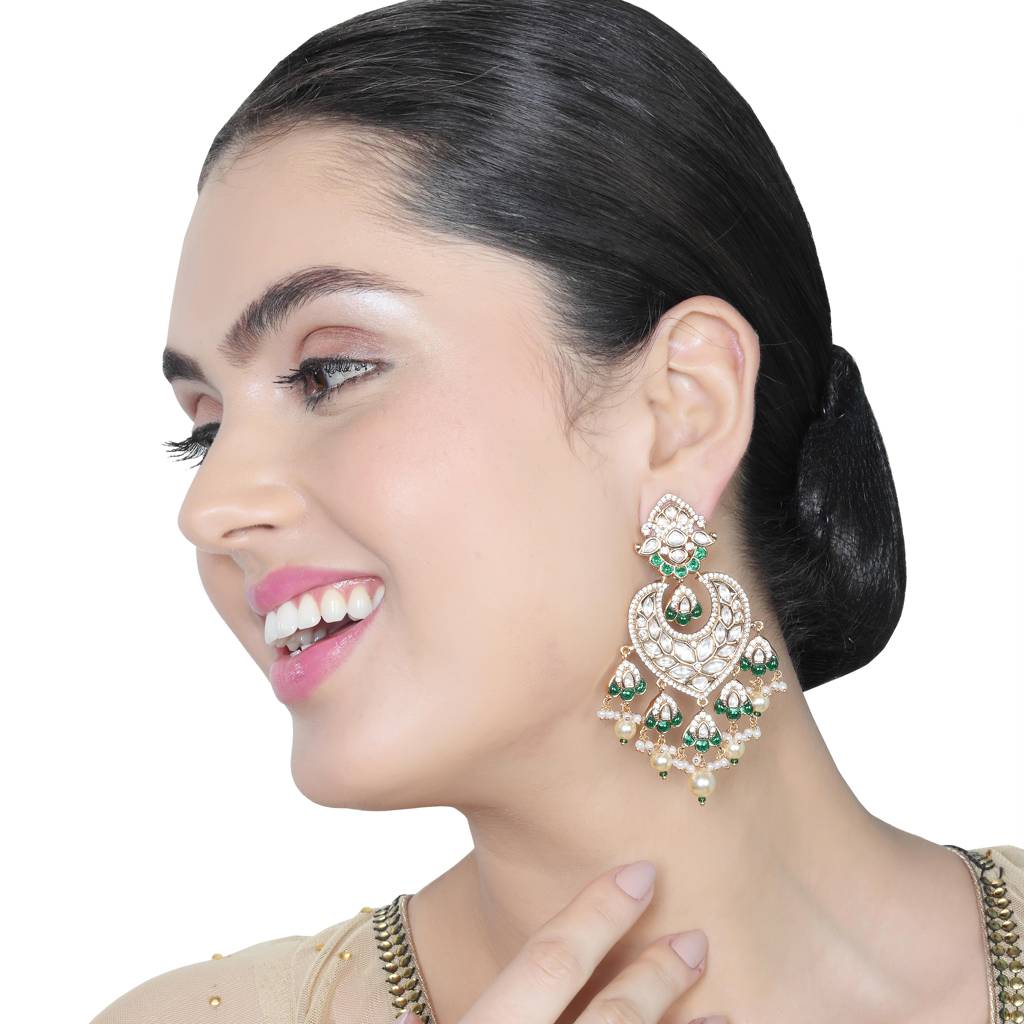 Gold Finish Heart Shaped Kundan Polki Danglers With Green Stones : PU-ER-279-GREEN