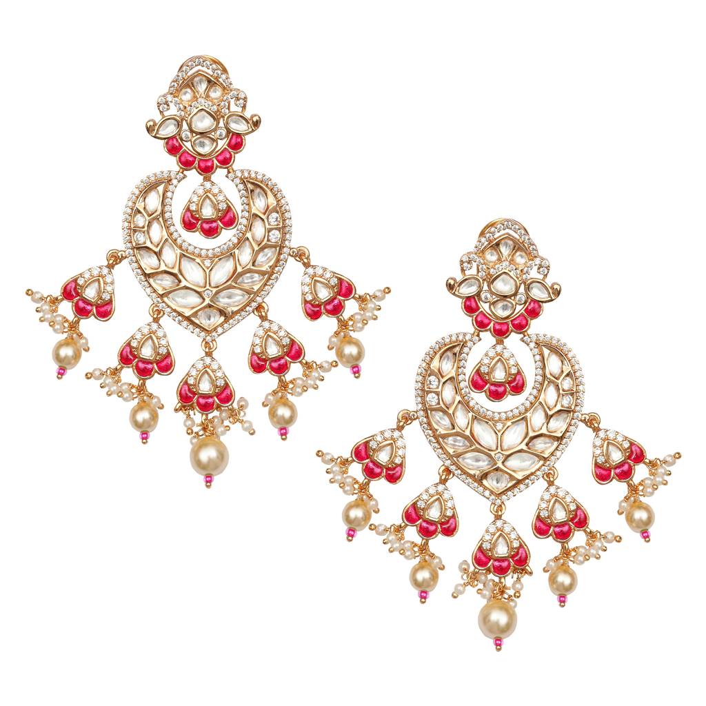 Gold Finish Heart Shaped Kundan Polki Danglers With Red Stones : PU-ER-279-RED