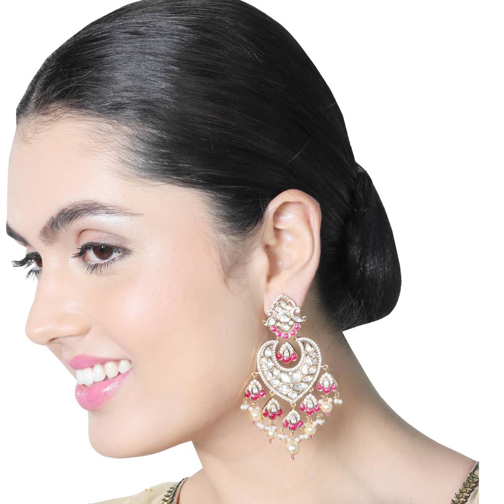 Gold Finish Heart Shaped Kundan Polki Danglers With Red Stones : PU-ER-279-RED