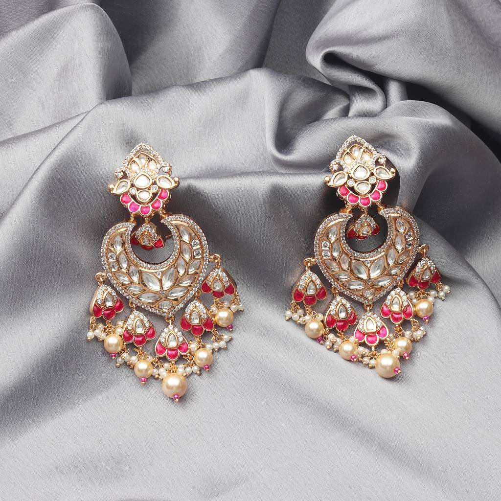 Gold Finish Heart Shaped Kundan Polki Danglers With Red Stones : PU-ER-279-RED