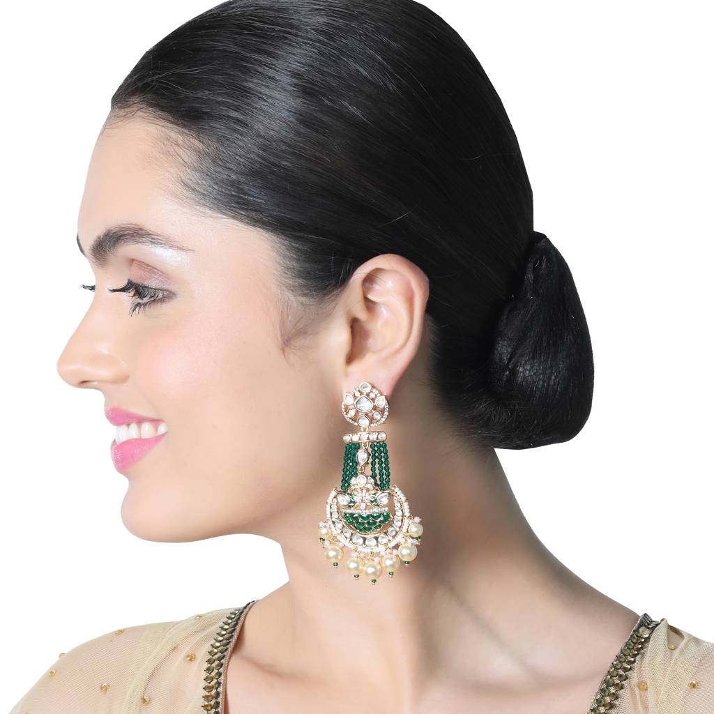 Emerald Green Meenakari Kundan Danglers With Faux Diamonds : PU-ER-284-GREEN