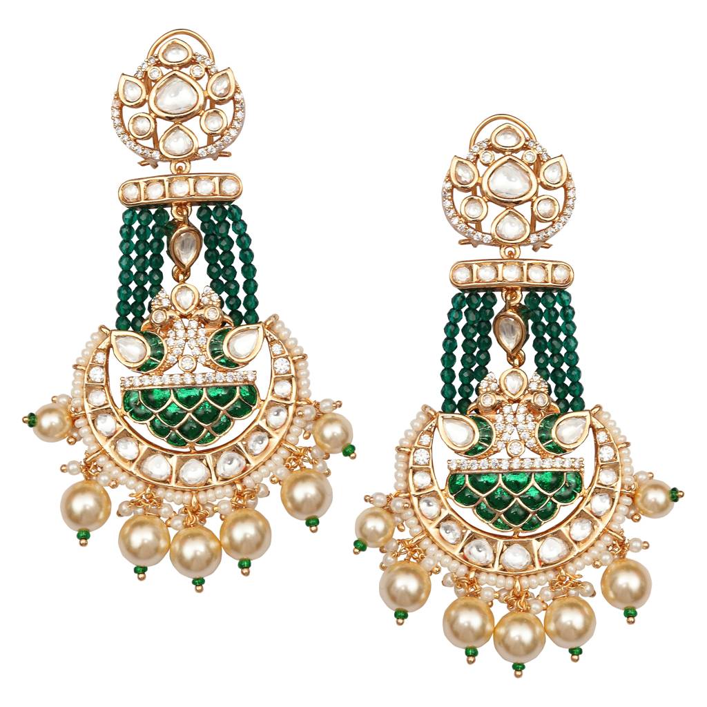 Emerald Green Meenakari Kundan Danglers With Faux Diamonds : PU-ER-284-GREEN