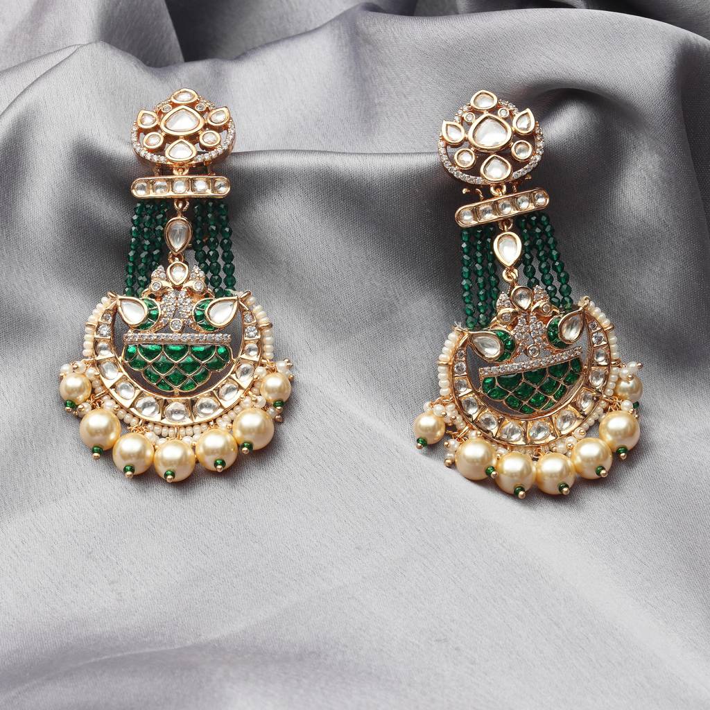 Emerald Green Meenakari Kundan Danglers With Faux Diamonds : PU-ER-284-GREEN