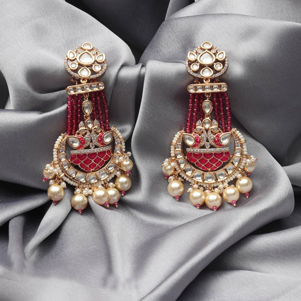Red Meenakari Kundan Danglers With Faux Diamonds : PU-ER-284-RED