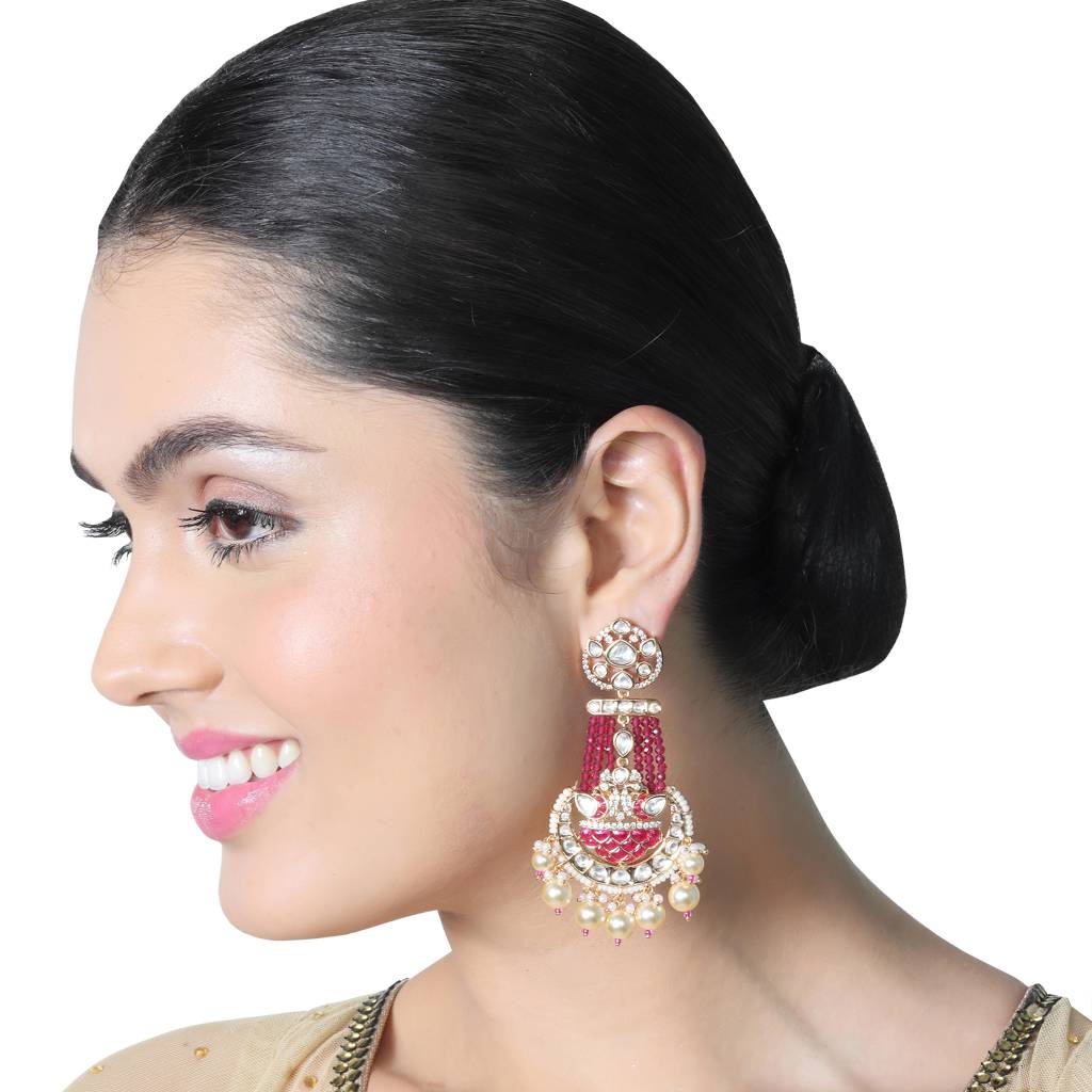Red Meenakari Kundan Danglers With Faux Diamonds : PU-ER-284-RED