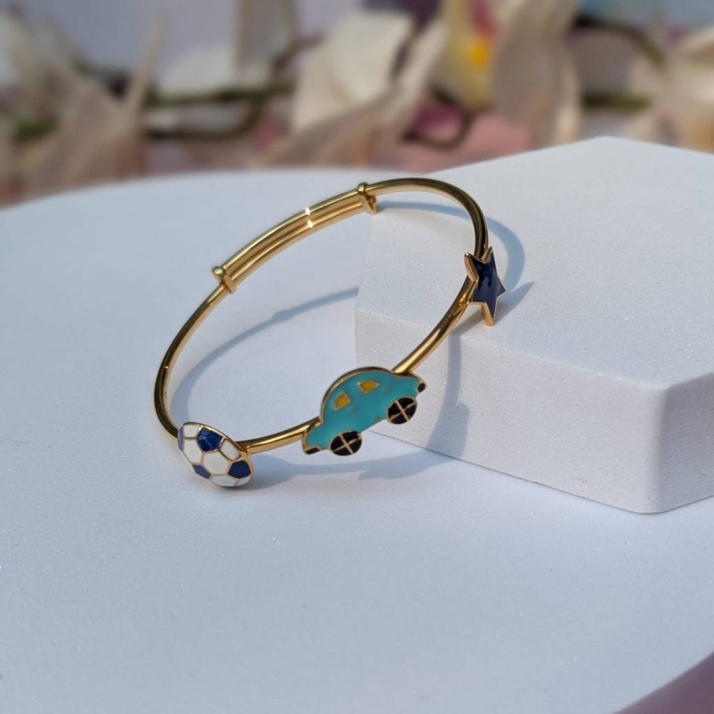 925 Silver Hypoallergenic,18Kt Gold Plated, Football & Car Bangle For Baby : F1005-6CarStarBangle
