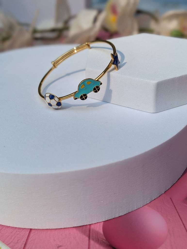 925 Silver Hypoallergenic,18Kt Gold Plated, Football & Car Bangle For Baby : F1005-6CarStarBangle