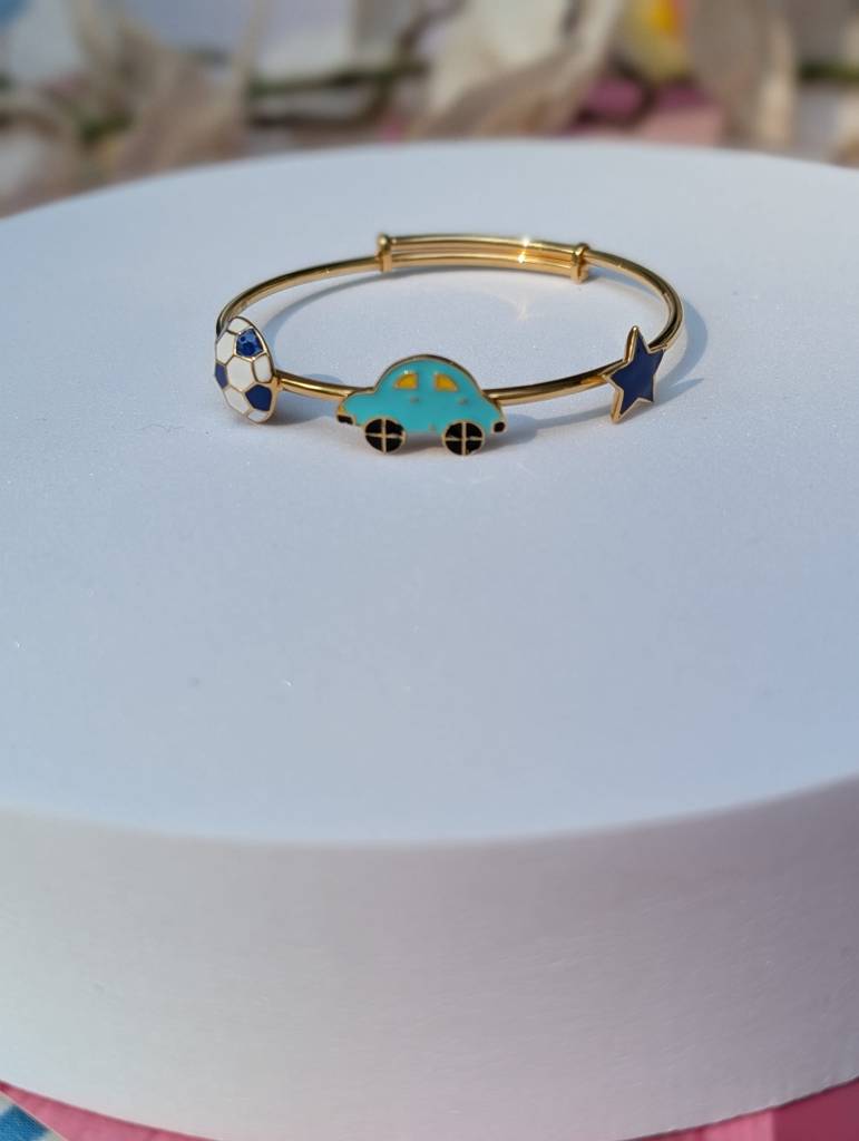 925 Silver Hypoallergenic,18Kt Gold Plated, Football & Car Bangle For Baby : F1005-6CarStarBangle