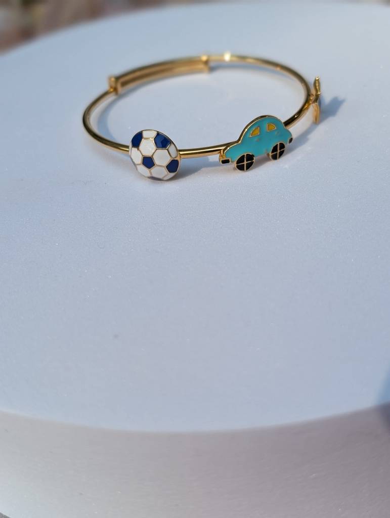 925 Silver Hypoallergenic,18Kt Gold Plated, Football & Car Bangle For Baby : F1005-6CarStarBangle