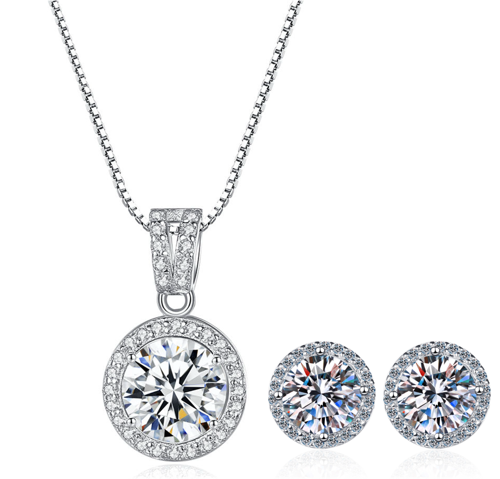 Halo Bliss Solitaire Moissanite Pendant And Studs : RoundHalo_1ct_298E_MSN032