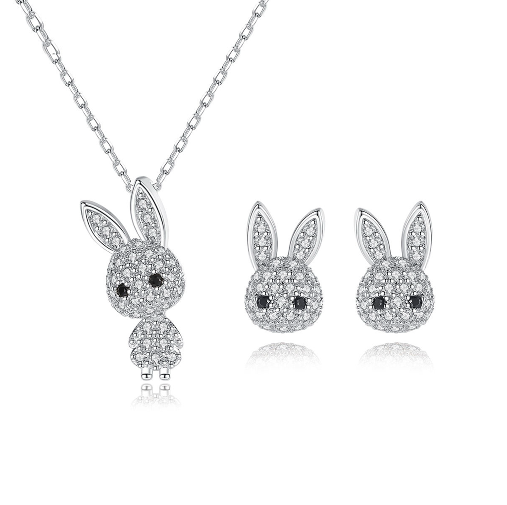 Sterling Silver Sparkling Bunny Zircon Earrings And Pendant : Z21061611