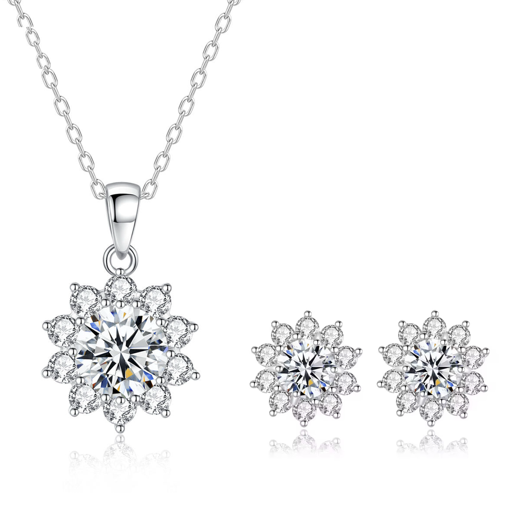 Snowflake Sparkle Round Silver Moissanite Pendant And Earrings : Snowflake_Flower_1ct_MSN22111210S