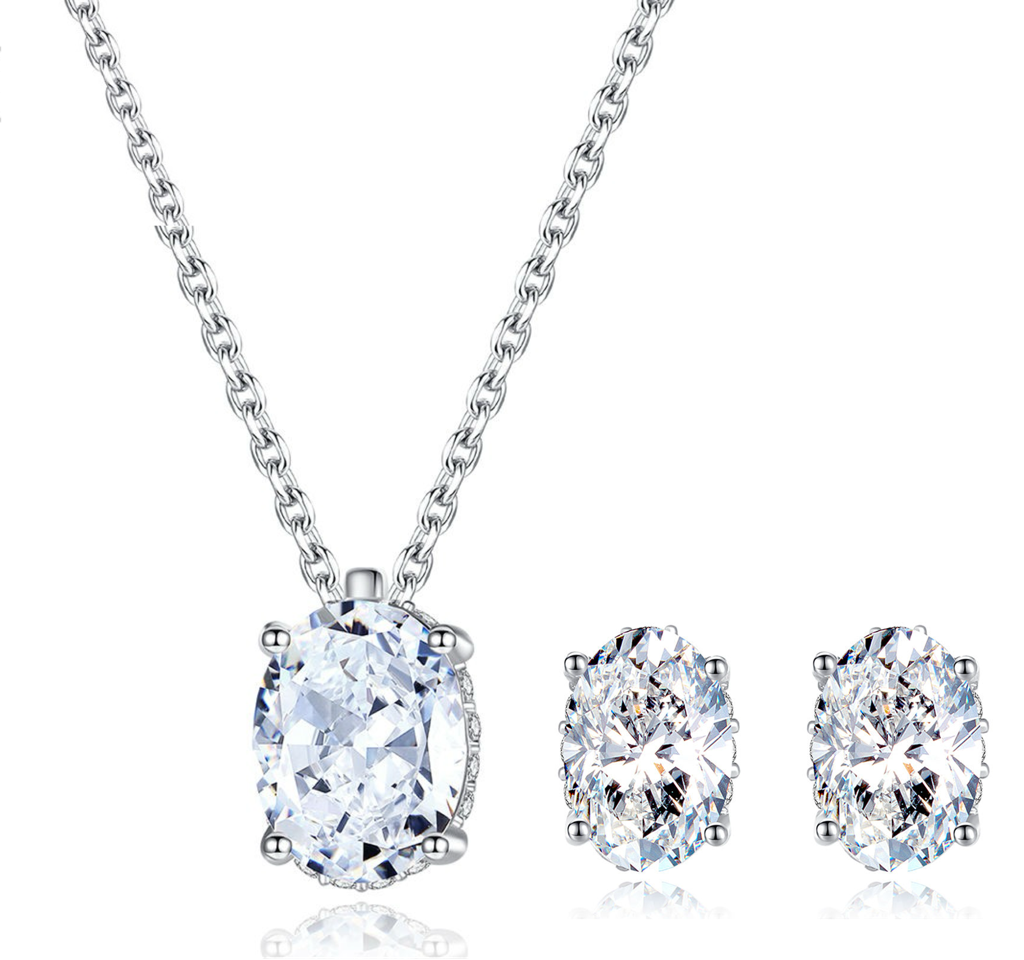 Gra Certified Sparkle Oval Cut Silver 1.2 Ct Moissanite Pendant Set With 1 Ct Earrings : SparkleOval_MSN22052423S_MSE22052422