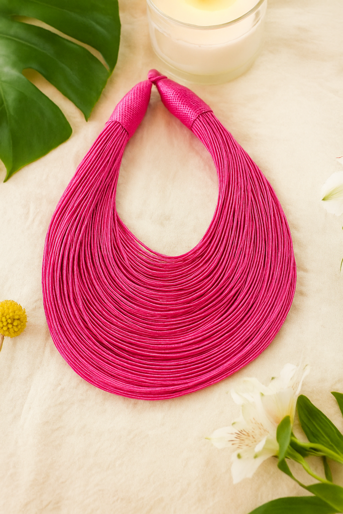 Fuchsia Handmade Silk Threads Multi-Layer Statement African Choker Necklace : ALT-JEW-RWT-146