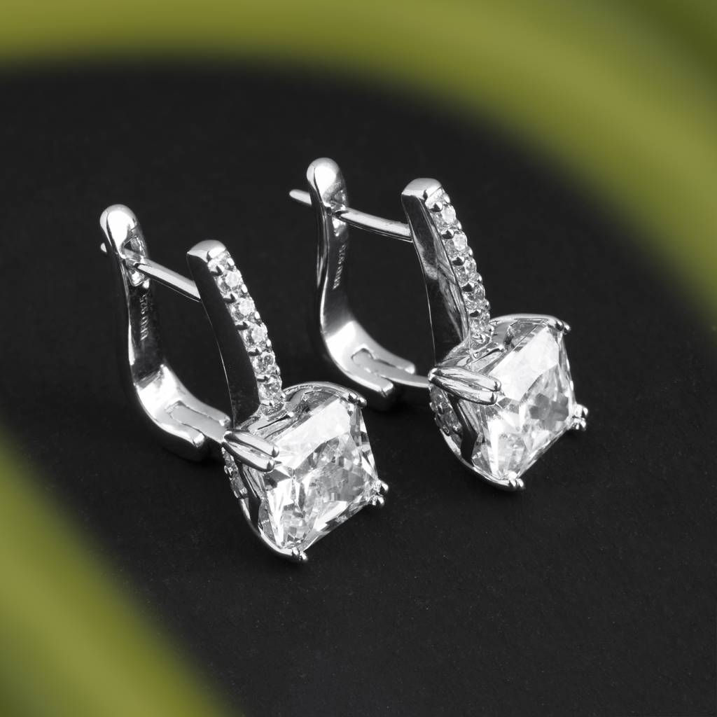 925 Sterling Silver Princess Cut White Ad Drop Earrings For Women & Girls : BRDPCSE1