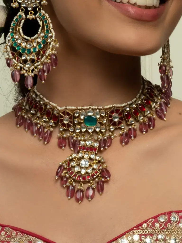 Traditional Ruby Red & Emerald Bridal Choker Set (Necklace, Earrings & Maangtikka) : QJV014