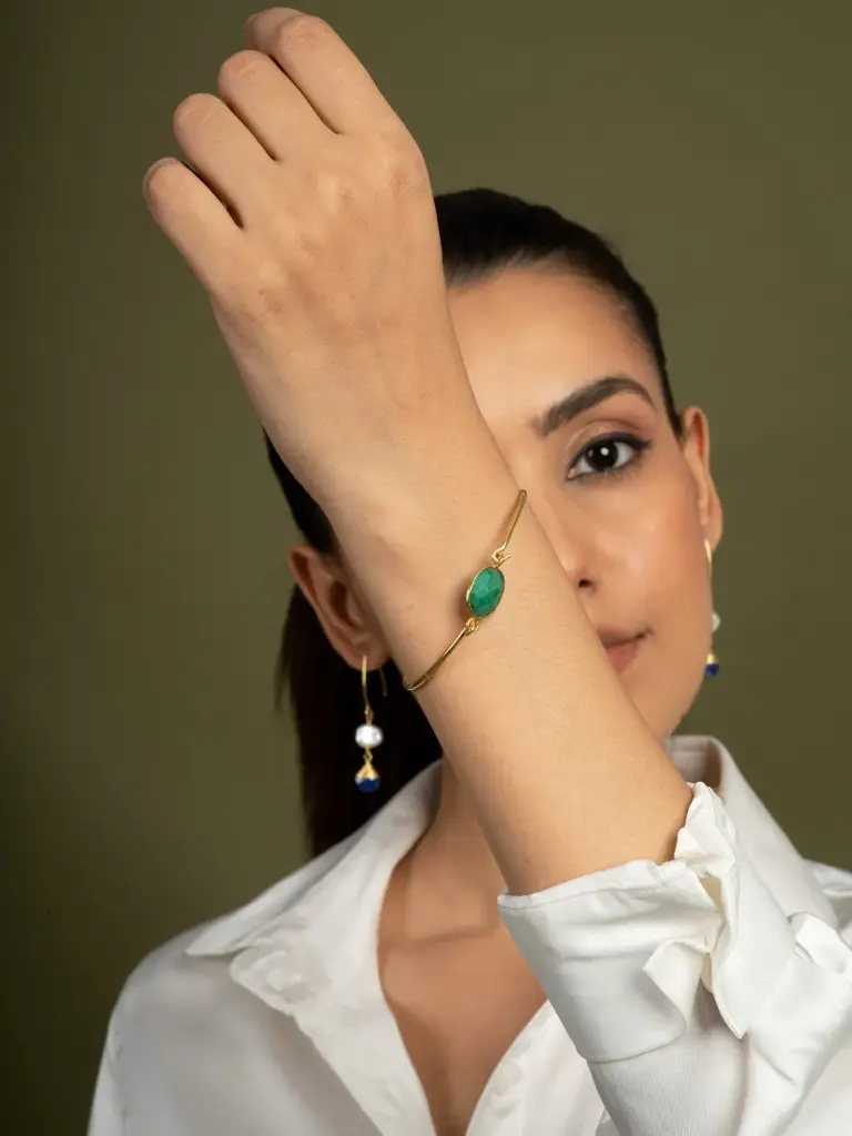 Gold Plated Contemporary Bracelet - Emerald Green : N383