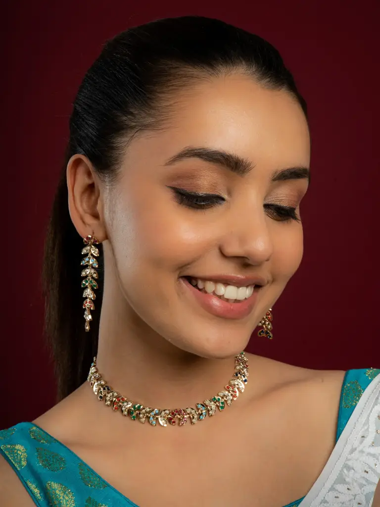 Jadau Leaf Choker Set - Multicolour : QJVV053