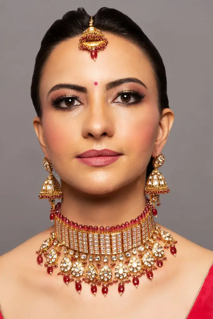 Naira Ruby Red Kundan Choker Set With Earrings & Mangtikka : QJSEP14