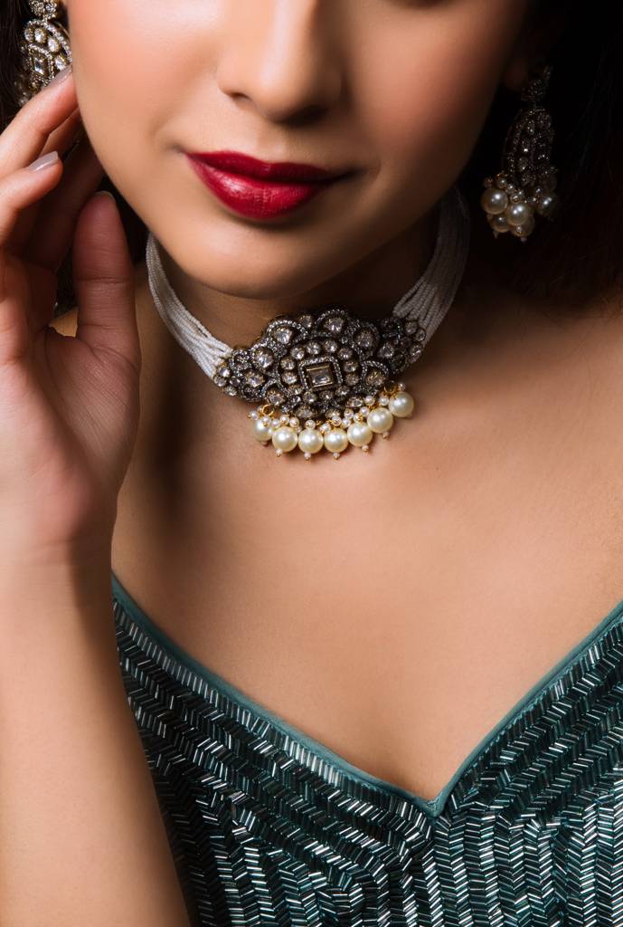 Victorian Kundan Set With Pearls And Earrings : ASQJ008