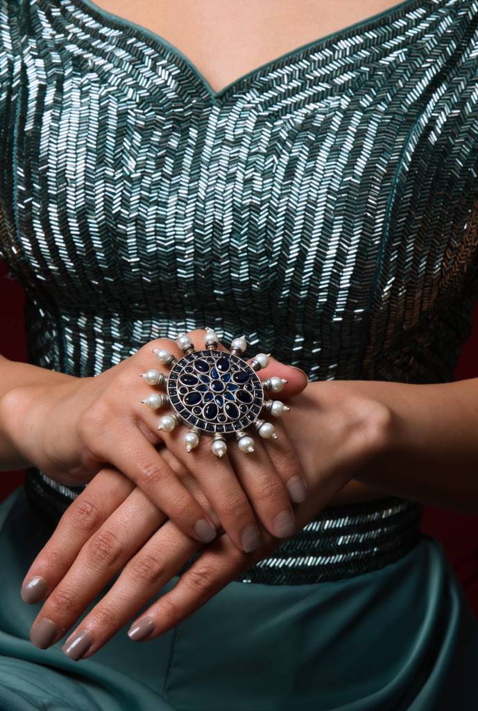 Midnight Blue Oxidised Round Adjustable Ring : ASQJ006