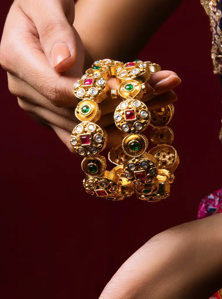 Gold-Plated Temple Bangles Adorned With Semi-Precious Stones : CED32080