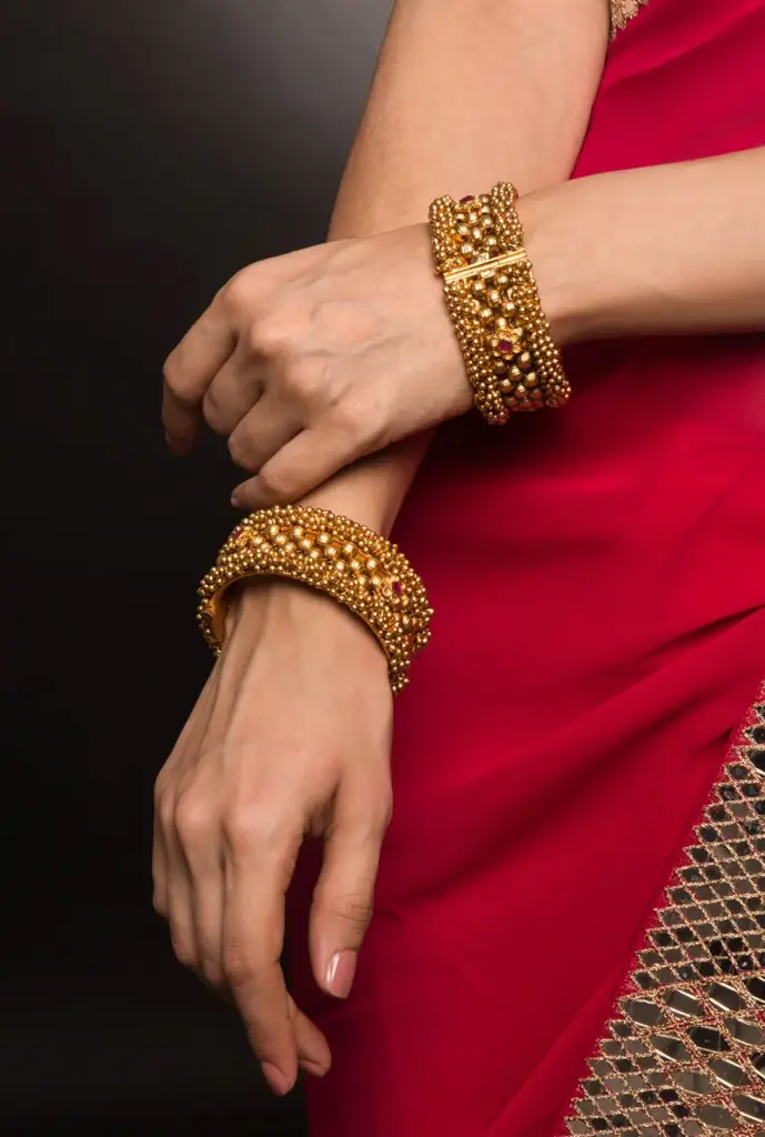 Divine Red Stone Gold-Plated Temple Kada Pair : CED32081