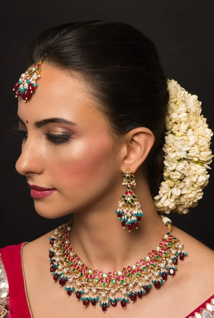 Anika Navratan Kundan Choker Set With Earrings & Mangtikka : QJSEP113