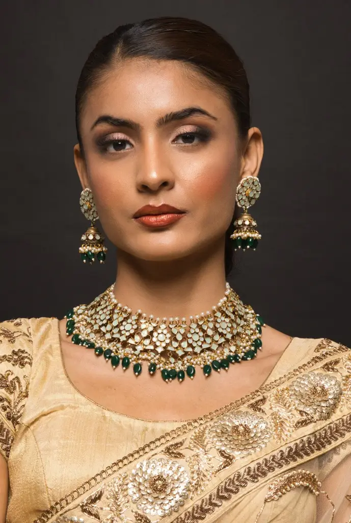 Araiya Mint Green Kundan Necklace Set With Earrings : QJSEP108