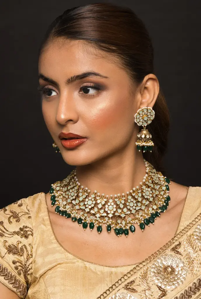 Araiya Mint Green Kundan Necklace Set With Earrings : QJSEP108