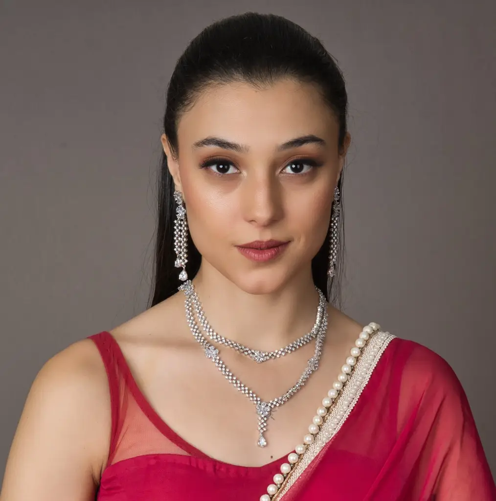 Exquisite Double Layer American Diamond Set With Earrings : RMQJ0084