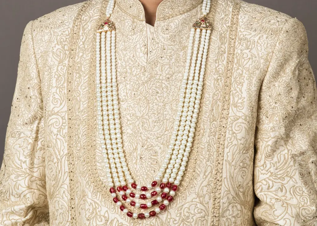 Regal Red And White Groom Sherwani Mala : RMQJ0098