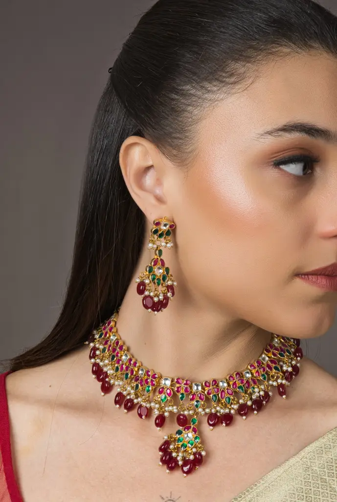 Bridesmaid'S Red Kundan Choker Set - With Earrings : RMQJ0102