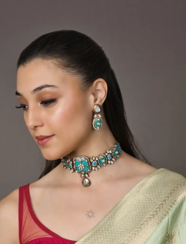 Oceanic Turquoise Blue Bliss Choker Set - With Earrings : RMQJ0112